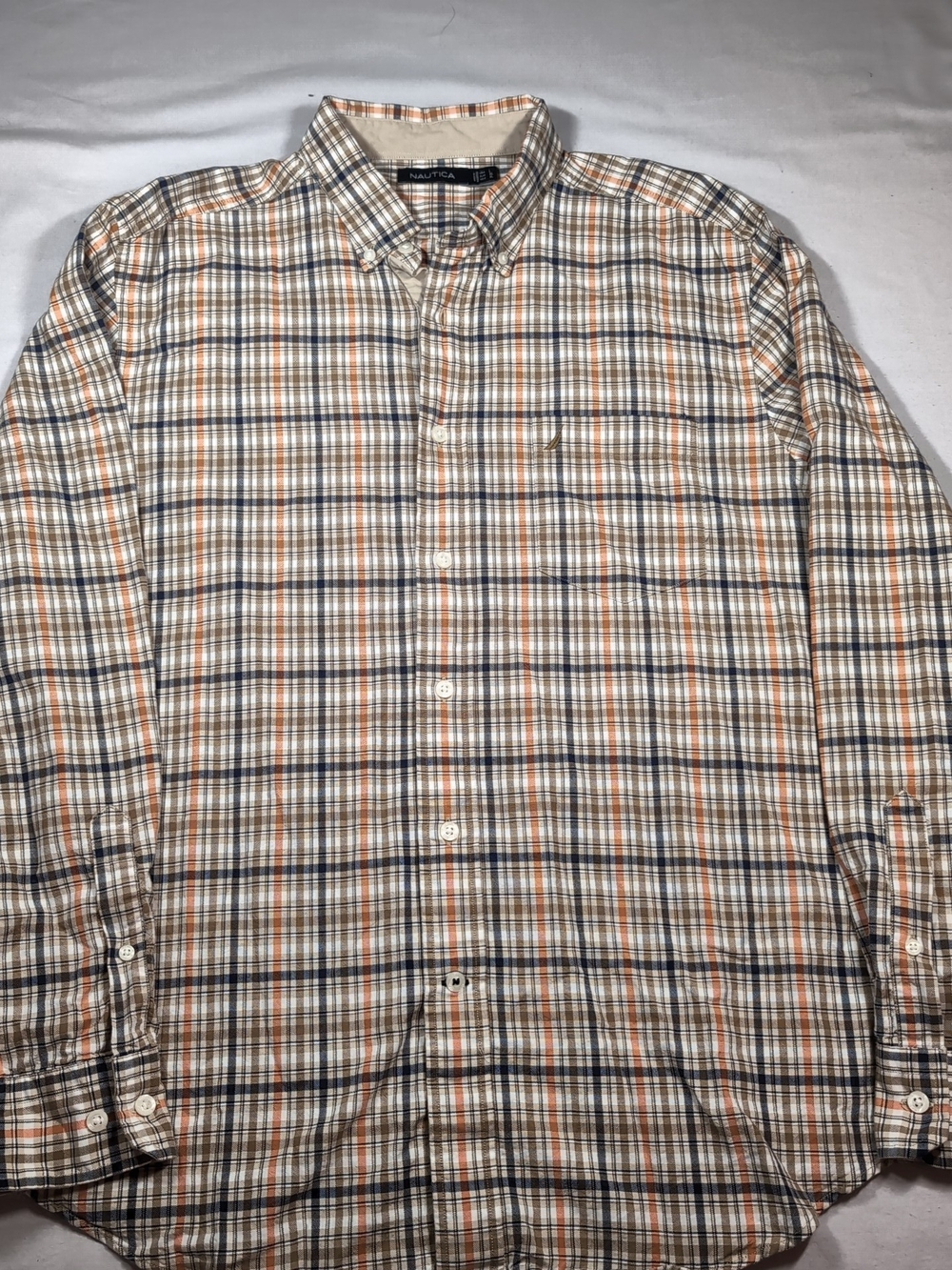 Nautica Men's Orange and Navy Plaid Button-Up Shirt